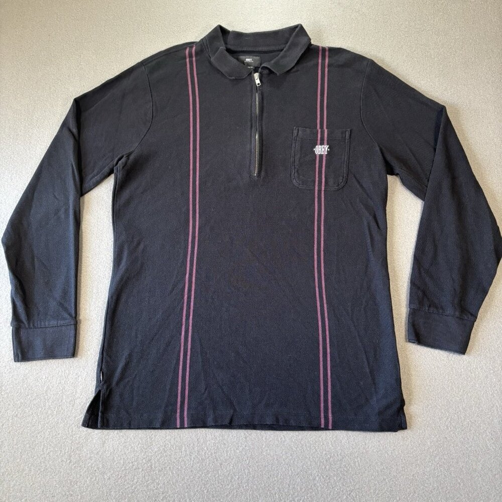 OBEY Sidestep Zip Polo Shirt Mens M Rugby Streetwear Skatewear Y2K Retro Grunge